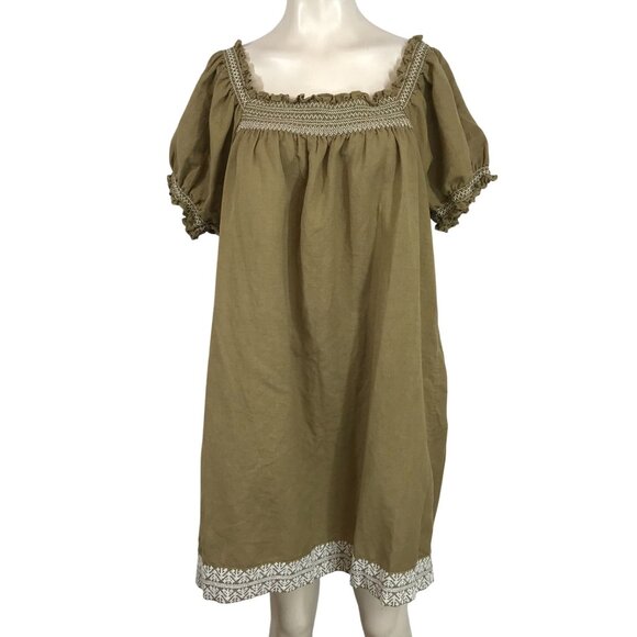 AMOUR VERT- WOMEN'S XL - OLIVE SHORT SLEEVE BOAT NECK LINEN BLEND BOHO DRESS - Picture 1 of 8